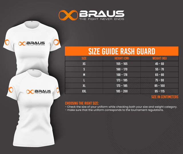Braus rashguard maattabel voor dames met witte shirts en oranje logo, inclusief lengtematen (155–200 cm) en gewichtscategorieën (45–115 kg) voor XS t/m XXL.