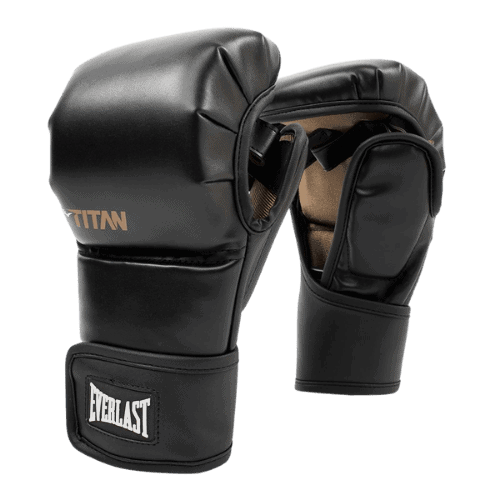 Een paar Everlast MMA Handschoenen Titan Hybrid Zwart, ontworpen met een stevige bekleding en open vingers voor optimale flexibiliteit en bescherming tijdens vechtsporttrainingen.