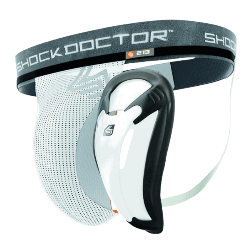 Shock Doctor groin guard with a white and gray color scheme and a black Shock Doctor logo on the elastic band.