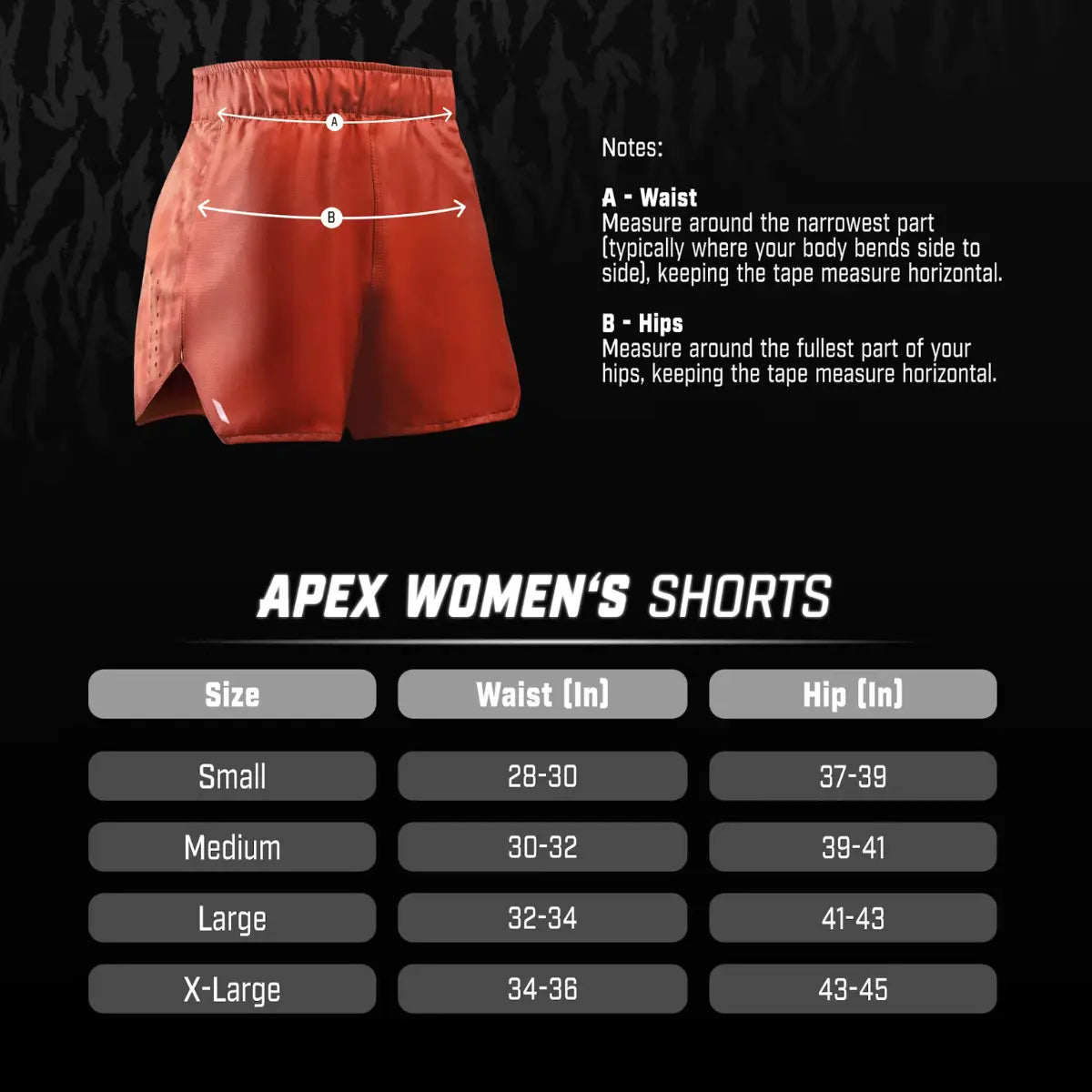 Maattabel voor Apex Women's Shorts met illustratie van taille- en heupmetingen. Afbeelding toont rode sportshorts. Tabel geeft maten Small t/m X-Large weer met taille- en heupomtrek in inches.
