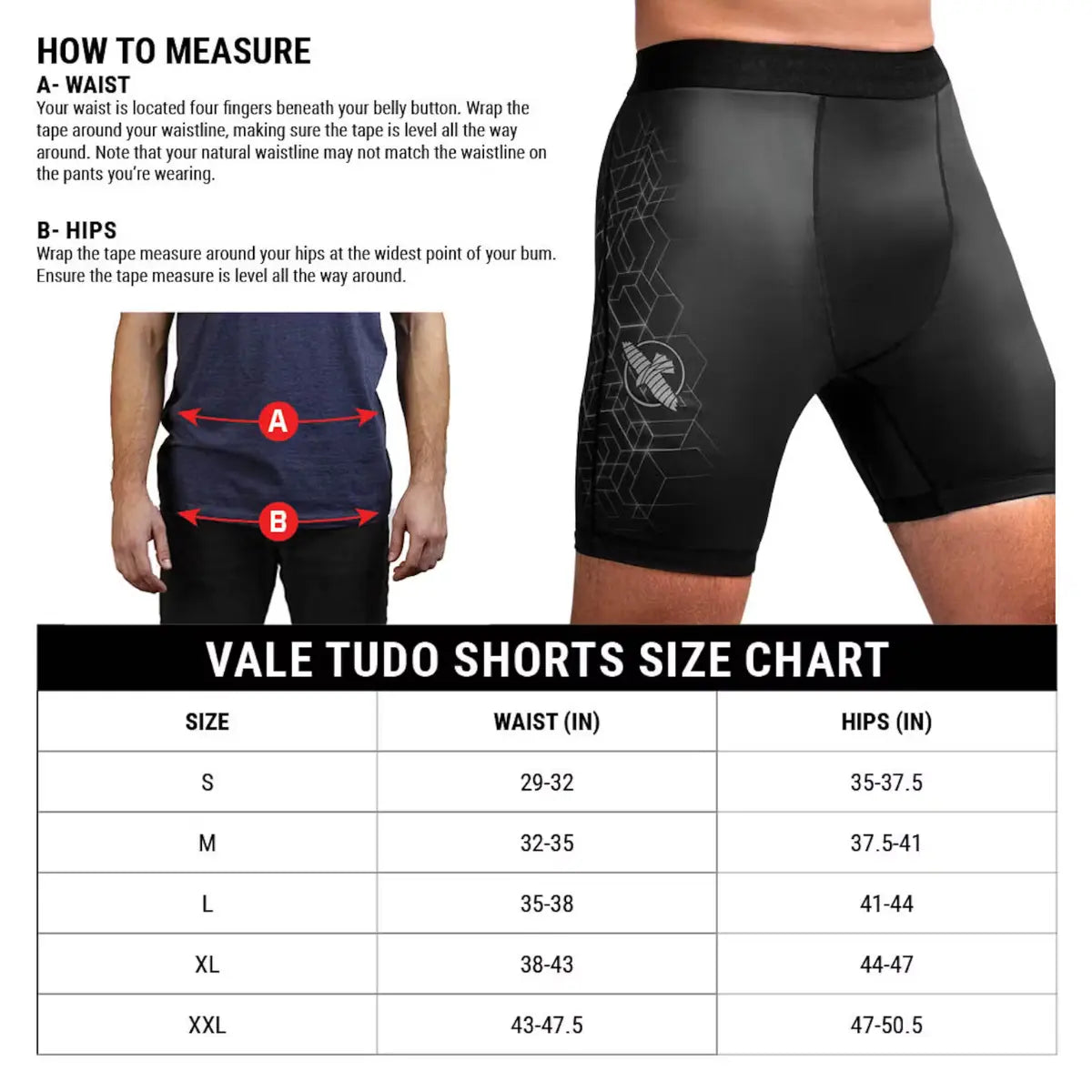 Maattabel voor Vale Tudo compressieshorts met uitleg over meten van taille en heupen. Afbeelding toont modellen met meetpunten en zwarte shorts. Tabel geeft maten S t/m XXL weer met taille- en heupomtrek in inches.