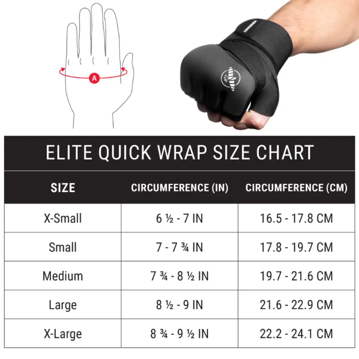 Maattabel voor Elite Quick Wraps met illustratie van handomtrekmeting en foto van een hand met zwarte quick wraps. Tabel toont maten van X-Small tot X-Large met omtrek in inches en centimeters