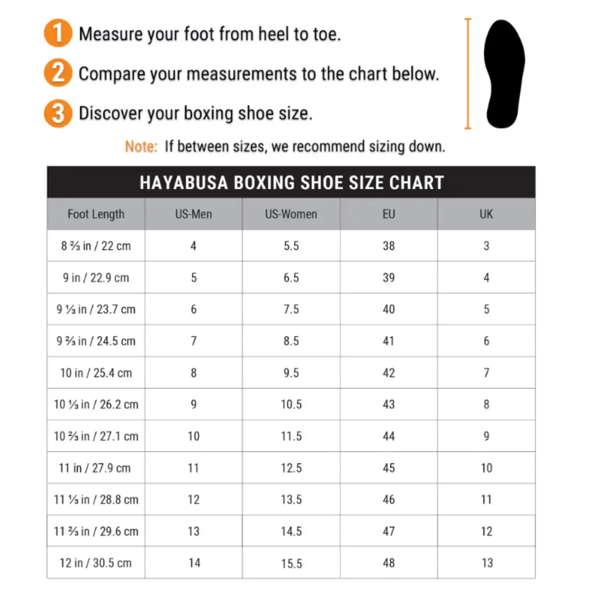 Maatwijzer Hayabusa Mayweather boksschoenen met voetlengte, US, EU, UK en heren en damesmaten.