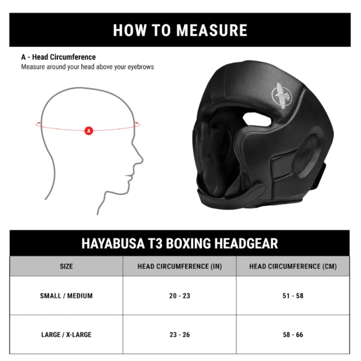 Maatwijzer Hayabusa T3 bokshoofdbeschermer met hoofdomtrek in cm en inch, inclusief meetinstructies, maat s/m en l/xl