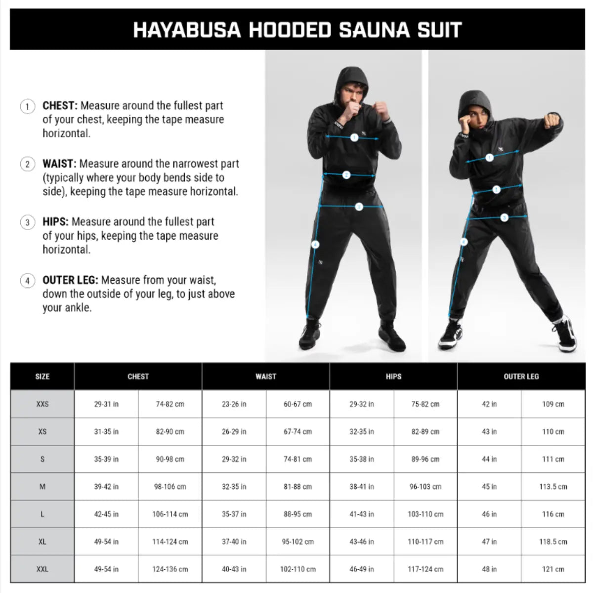 Maatwijzer Hayabusa Hooded Sauna Suit met instructies voor borst-, taille-, heup- en beenlengte meting en maattabel van XXS tot XXL