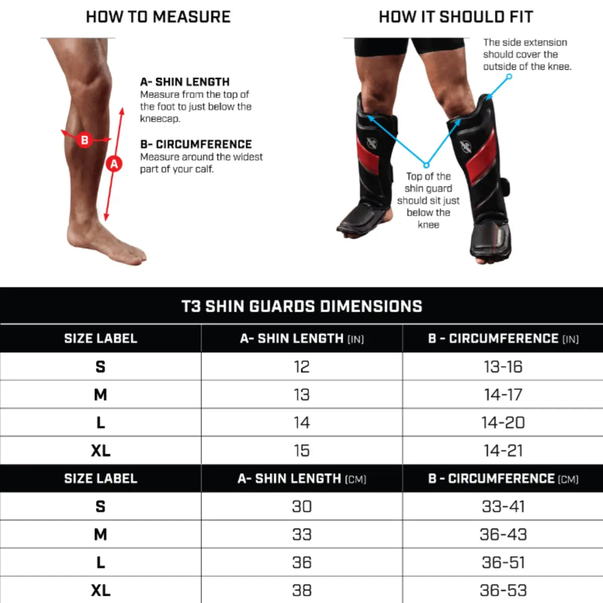 Maattabel voor Hayabusa T3 Shin Guards met illustratie van het opmeten van scheenlengte en kuitomtrek. Links een afbeelding van een been met meetpunten A (scheenlengte) en B (omtrek kuit). Rechts een voorbeeld van hoe de scheenbeschermer hoort te zitten, net onder de knie met zijkanten die de buitenkant van de knie bedekken. De tabel toont maten S t/m XL, met scheenlengte van 30 cm tot 38 cm en kuitomtrek van 33 cm tot 53 cm.