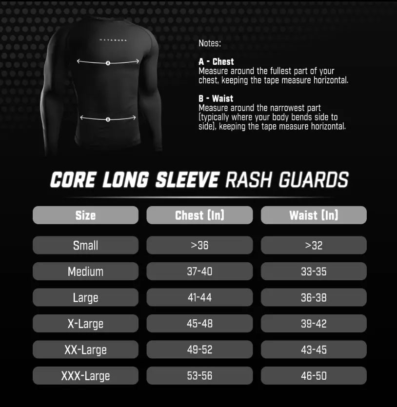 Maatwijzer voor Hayabusa Core Long Sleeve Rash Guards met borst- en taillemetingen in inches van Small tot XXX-Large