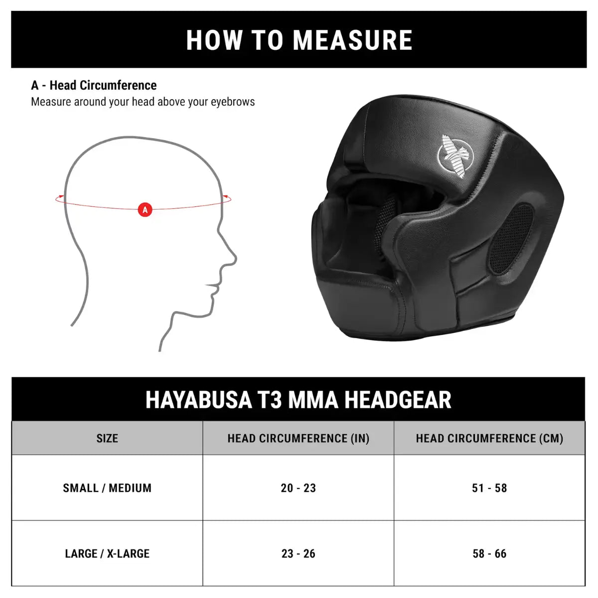 Maattabel voor Hayabusa T3 MMA hoofdbeschermer met illustratie van hoofdmeting boven de wenkbrauwen en foto van zwarte headgear. Tabel toont maten Small/Medium en Large/XL met hoofdomtrek in inches en centimeters.
