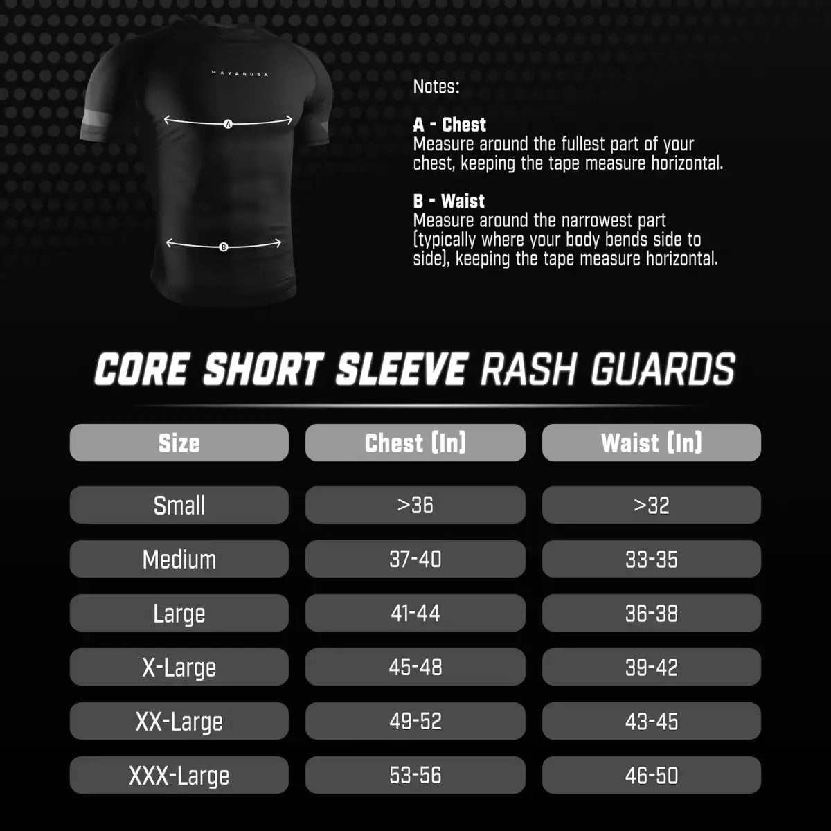 Maattabel voor Core Short Sleeve Rash Guards met illustratie van borst- en taillematen. Tabel toont maten Small t/m XXX-Large met borst- en tailleomtrek in inches.