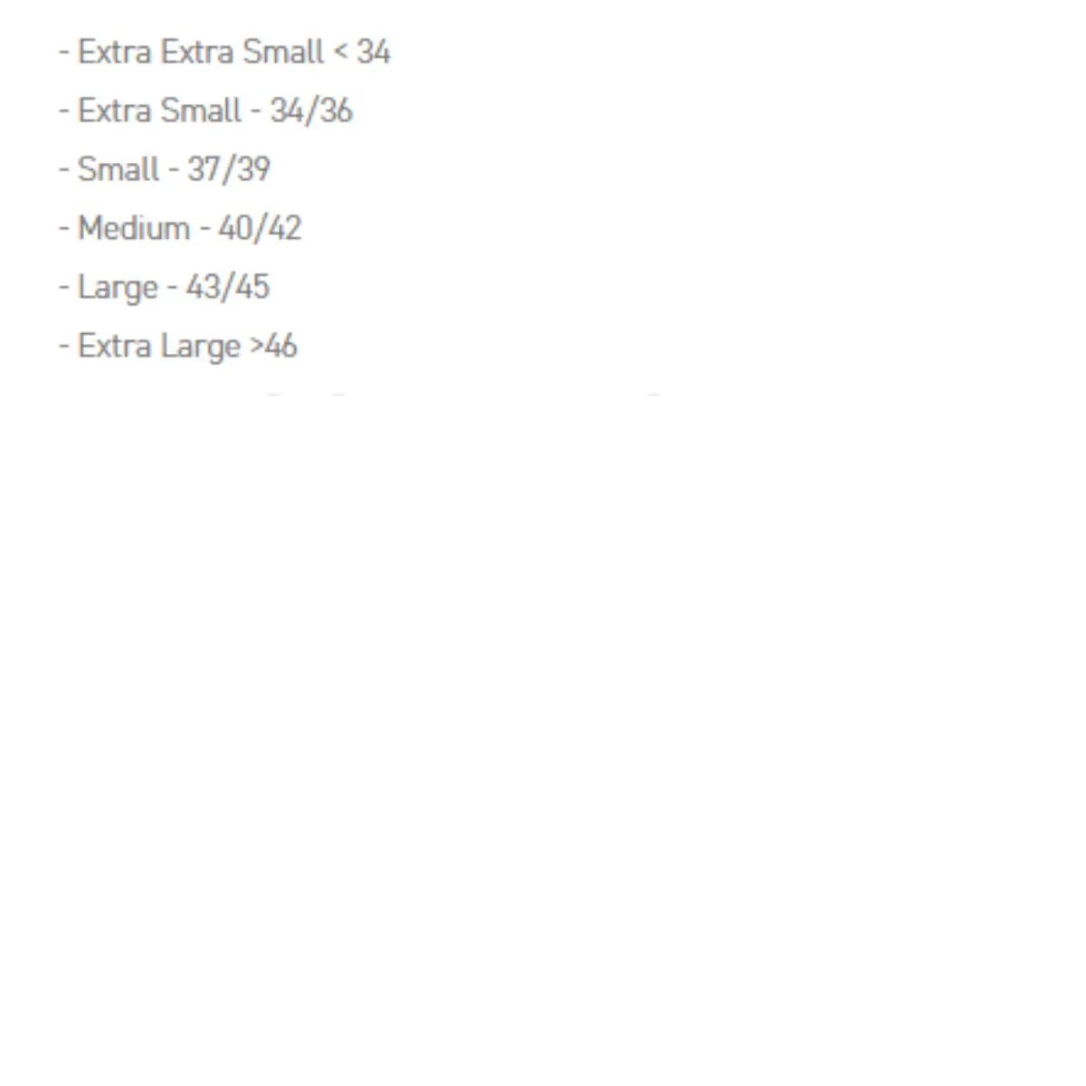 Schema voor het bepalen van de juiste maat enkelkousjes: Extra Extra Small <34, Extra Small 34–36, Small 37–39, Medium 40–42, Large 43–45, Extra Large >46.