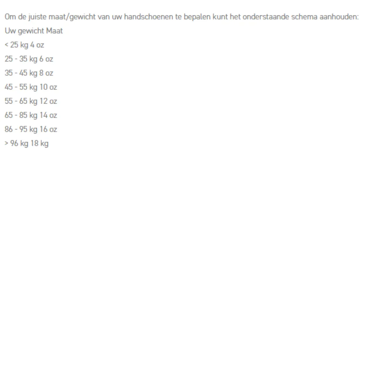 Schema voor het bepalen van de juiste maat bokshandschoenen op basis van gewicht: <25 kg = 4 oz, 25–35 kg = 6 oz, 35–45 kg = 8 oz, 45–55 kg = 10 oz, 55–65 kg = 12 oz, 65–85 kg = 14 oz, 86–95 kg = 16 oz, >96 kg = 18 oz.