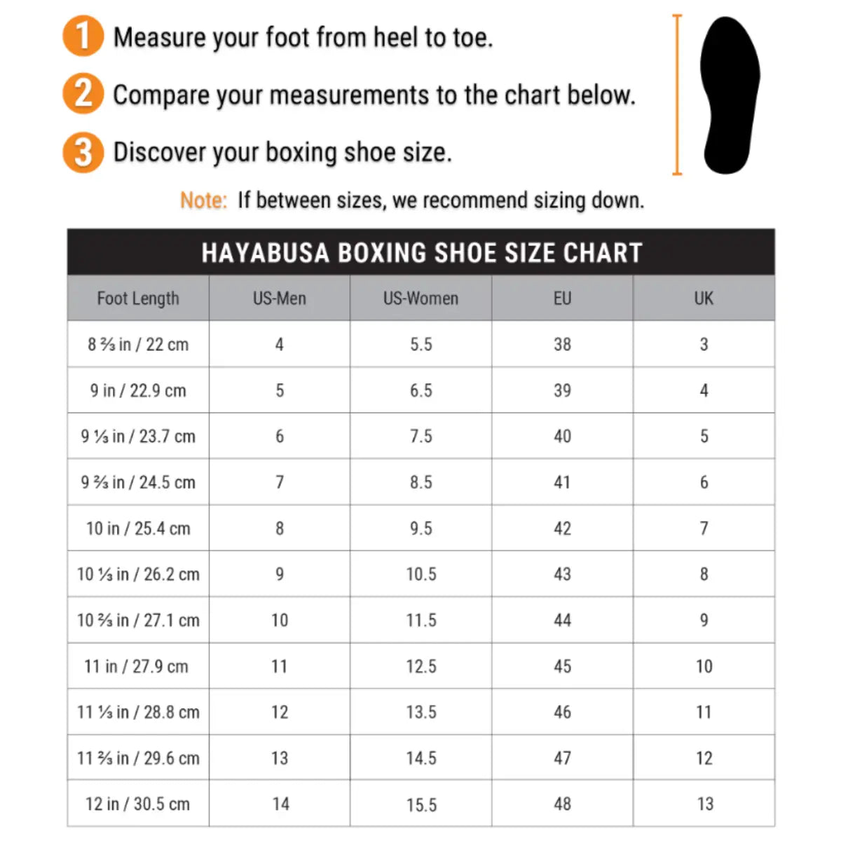 Hayabusa boksschoenen maattabel met voetlengte in cm en inch en conversie naar US, EU en UK schoenmaten