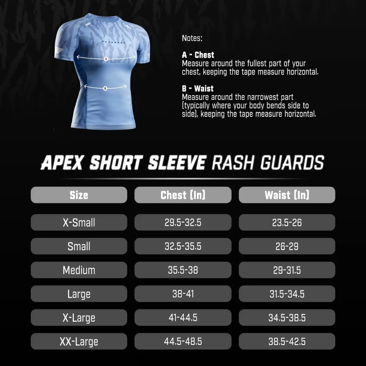 Maattabel voor Apex Women's Short Sleeve Rash Guards met illustratie van borst- en taillematen. Afbeelding toont lichtblauwe rashguard. Tabel geeft maten X-Small t/m XX-Large weer met borst- en tailleomtrek in inches.