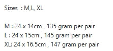 Maatinformatie: M (24x14 cm, 135 gram per paar), L (24x15 cm, 145 gram per paar), XL (24x16.5 cm, 147 gram per paar). Beschikbaar in M, L en XL.