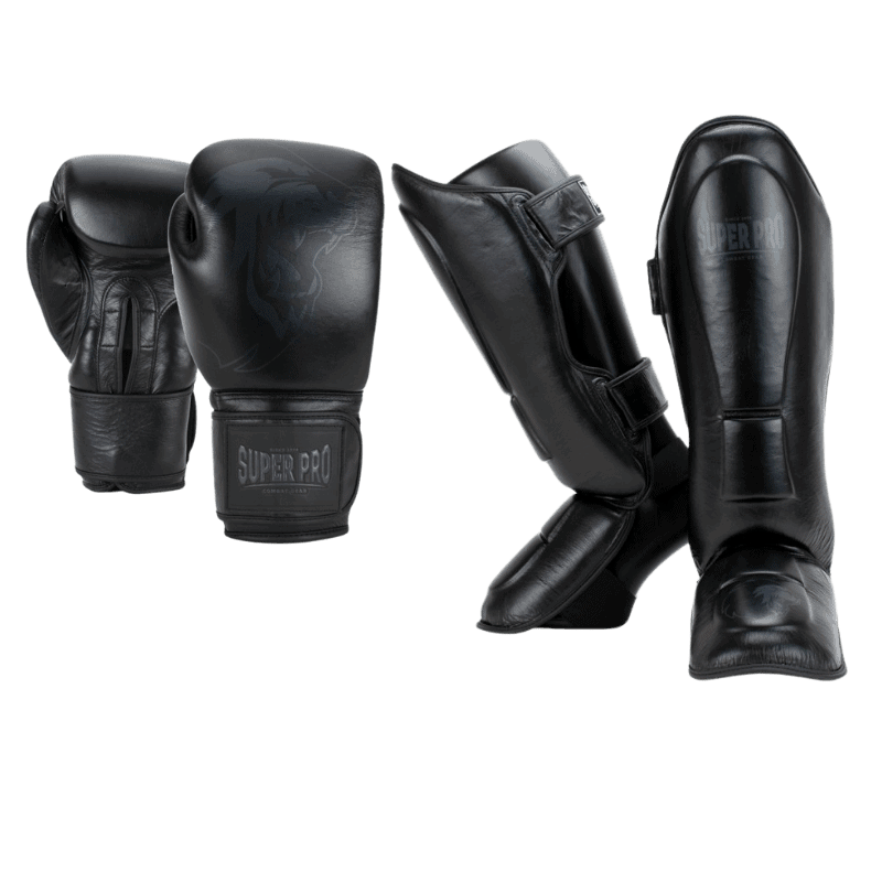 Complete zwarte Super Pro Legend boks set met handschoenen en scheenbeschermers voor professionele bescherming en comfort tijdens training
