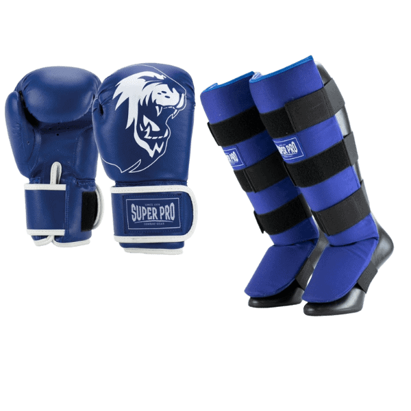 Complete blauwe Super Pro kinder kickboks set Talent met handschoenen en scheenbeschermers, speciaal ontworpen voor jonge vechters voor optimale bescherming tijdens training
