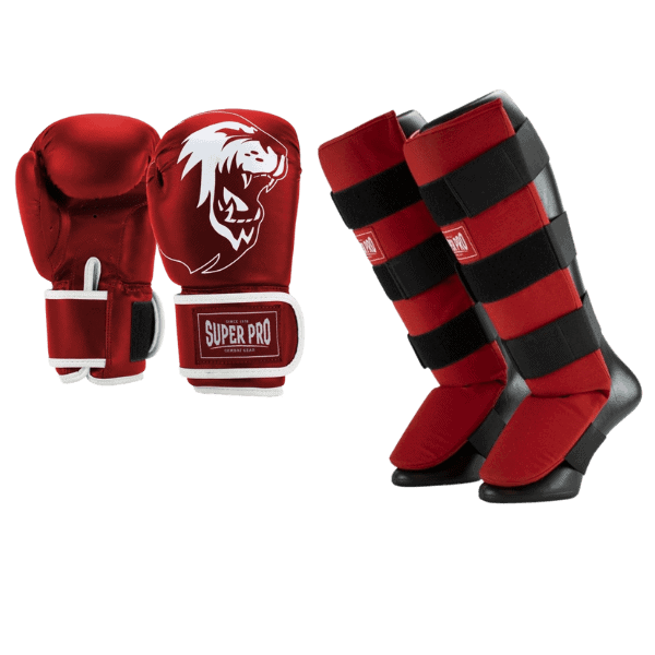 Complete rode Super Pro kinder kickboks set Talent met handschoenen en scheenbeschermers, ideaal voor jonge vechters die veilig en comfortabel willen trainen