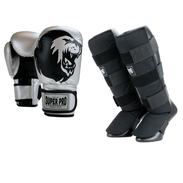 Complete zilveren Super Pro kinder kickboks set Talent met handschoenen en scheenbeschermers, speciaal ontworpen voor jonge vechters voor optimale bescherming en comfort tijdens training