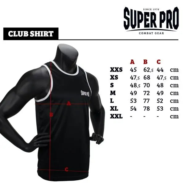Super Pro club shirt in zwart met maattabel en afmetingen in centimeters, mouwloos model voor bokstraining.