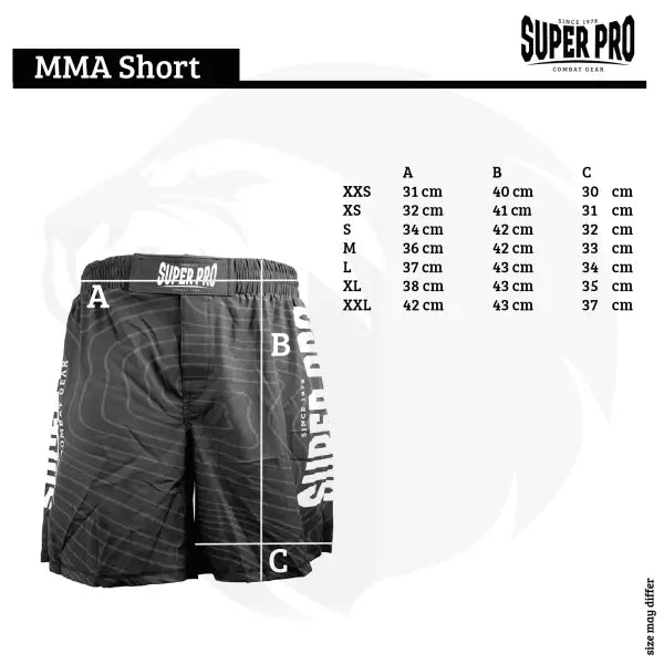 Super Pro MMA short in zwart met logo en maattabel in centimeters, ontworpen voor training en competitie