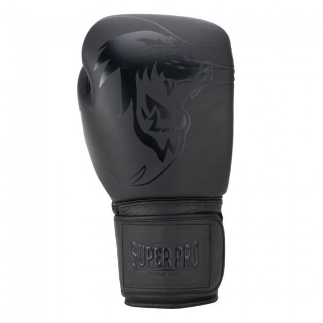 Grijze Super Pro Legend bokshandschoenen met zwarte leeuwenkop print en stevige klittenbandsluiting voor optimale bescherming en pasvorm tijdens training.