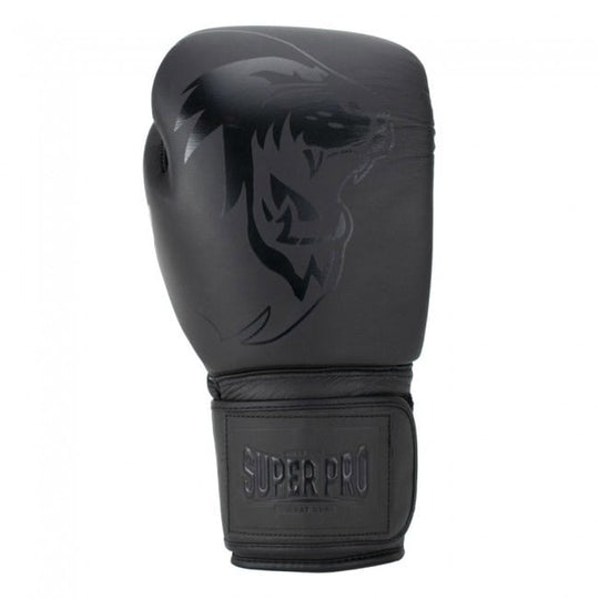 Grijze Super Pro Legend bokshandschoenen met zwarte leeuwenkop print en stevige klittenbandsluiting voor optimale bescherming en pasvorm tijdens training.