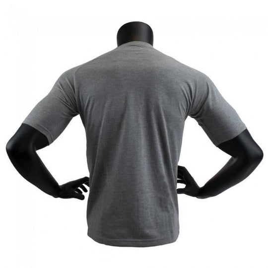 Grijs sportshirt met korte mouwen, zonder opdruk aan de achterkant.