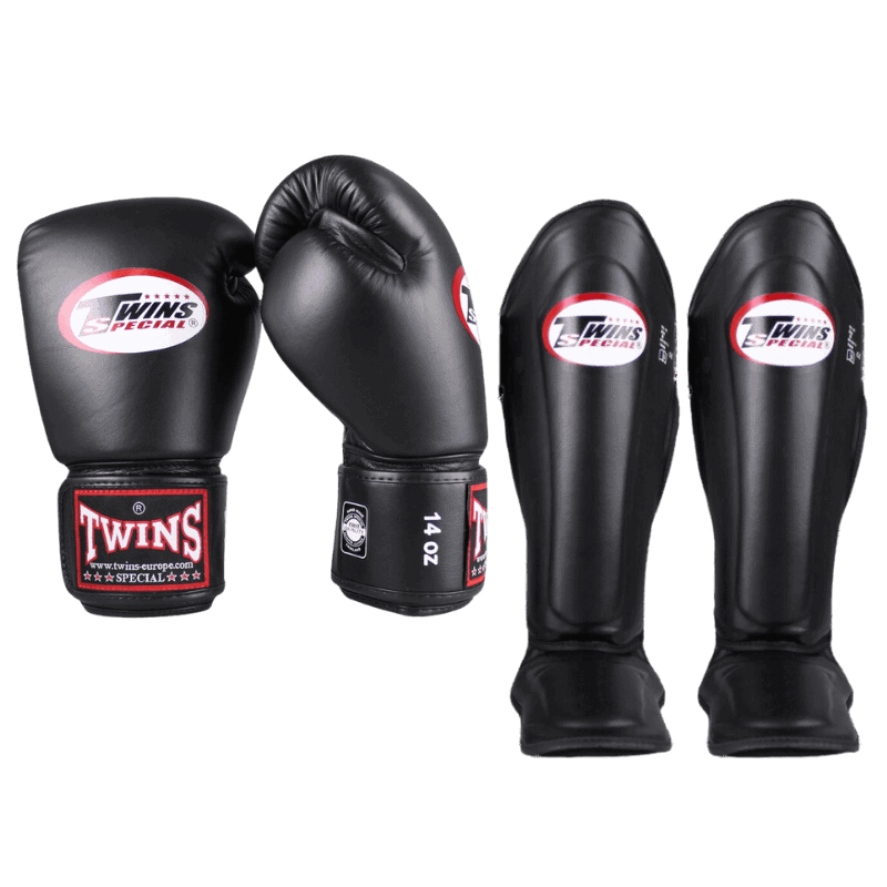 Complete zwarte Twins Kickboks Set BGN met handschoenen en scheenbeschermers voor effectieve training en bescherming