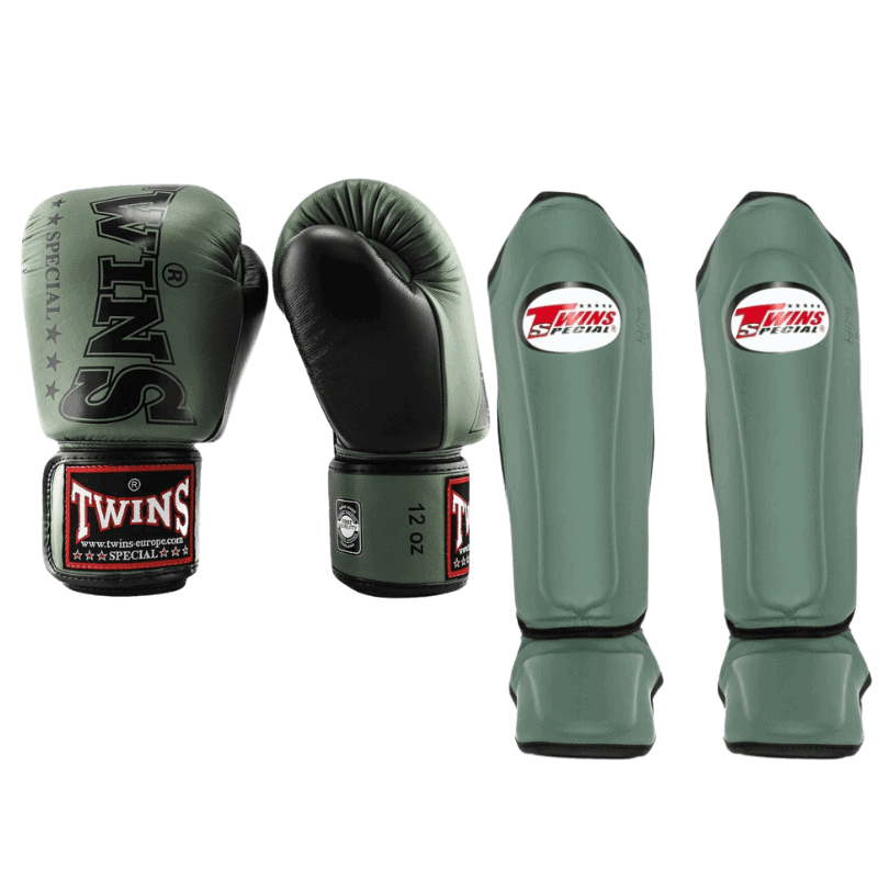 Complete groene Twins boks set met bokshandschoenen en scheenbeschermers voor veilige en comfortabele training