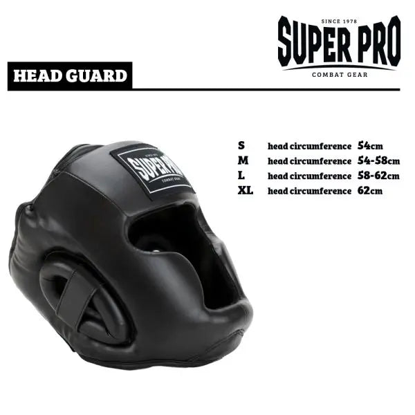 Zwarte Super Pro hoofdbeschermer met gesloten design en maattabel in centimeters voor hoofdomtrek per maat S, M, L en XL