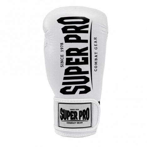 Super Pro bokshandschoen Champ wit – voorzijde met groot zwart logo