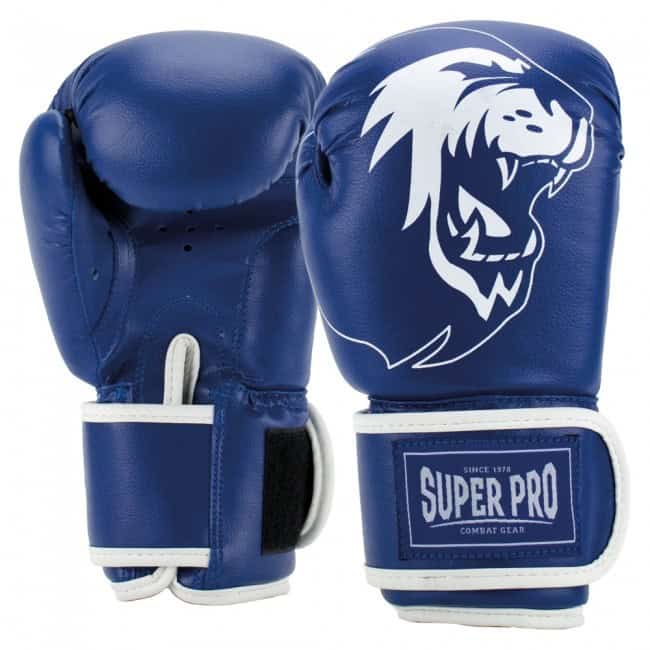 Blauwe Super Pro Kinder Bokshandschoenen Talent met witte accenten en klittenbandsluiting.