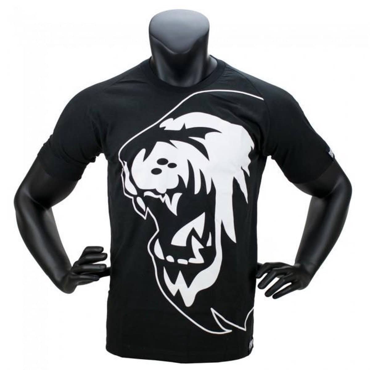 Zwart sportshirt met korte mouwen en een grote witte leeuwenkop op de voorkant.