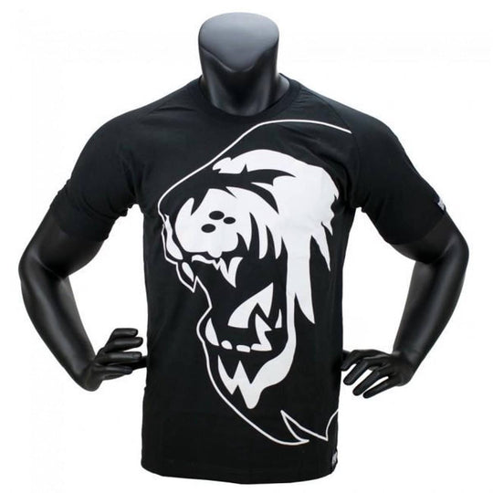 Zwart sportshirt met korte mouwen en een grote witte leeuwenkop op de voorkant.