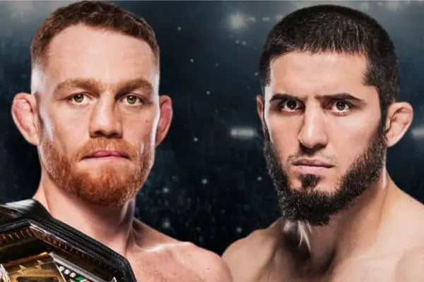 Close-up van Jack Della Maddalena en Islam Makhachev in UFC-fight promo