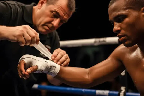 Trainer wikkelt de hand van een bokser in met bandages tijdens de voorbereiding.