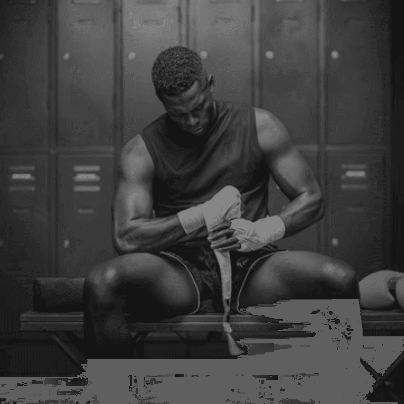 Een atletische mannelijke bokser zit in de kleedkamer en wikkelt een bandage om zijn hand.