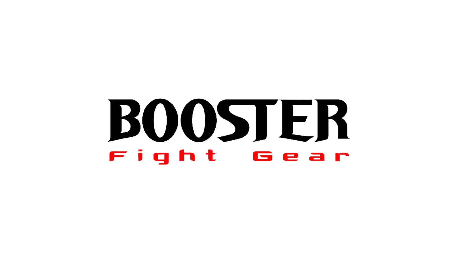 Zwart-rood merklogo van Booster Fight Gear op een witte achtergrond, gebruikt voor vechtsportuitrusting.