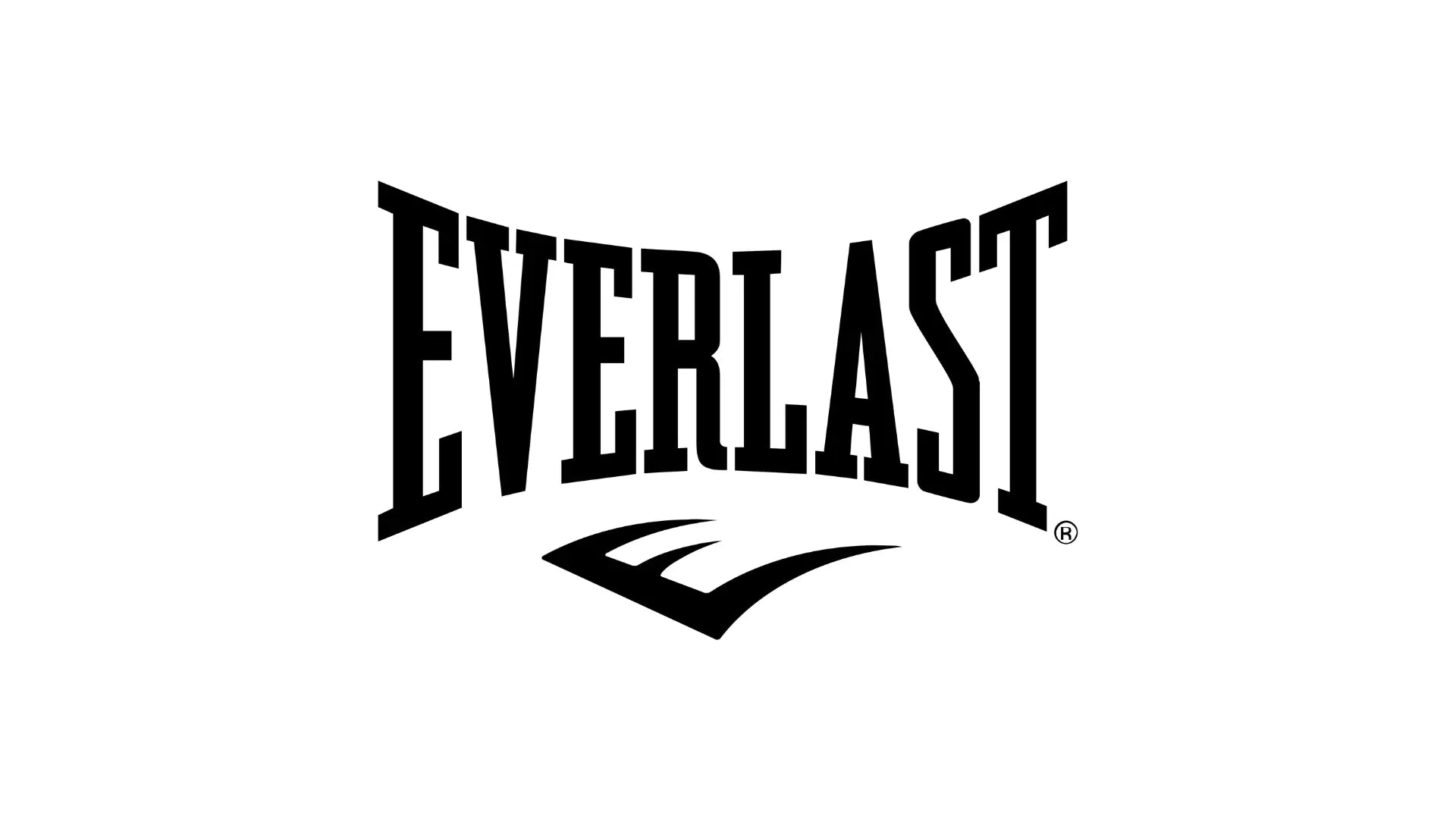 Het officiële zwart-witte Everlast logo met de kenmerkende gebogen typografie, symbool voor een van de bekendste boks- en trainingsmerken ter wereld.