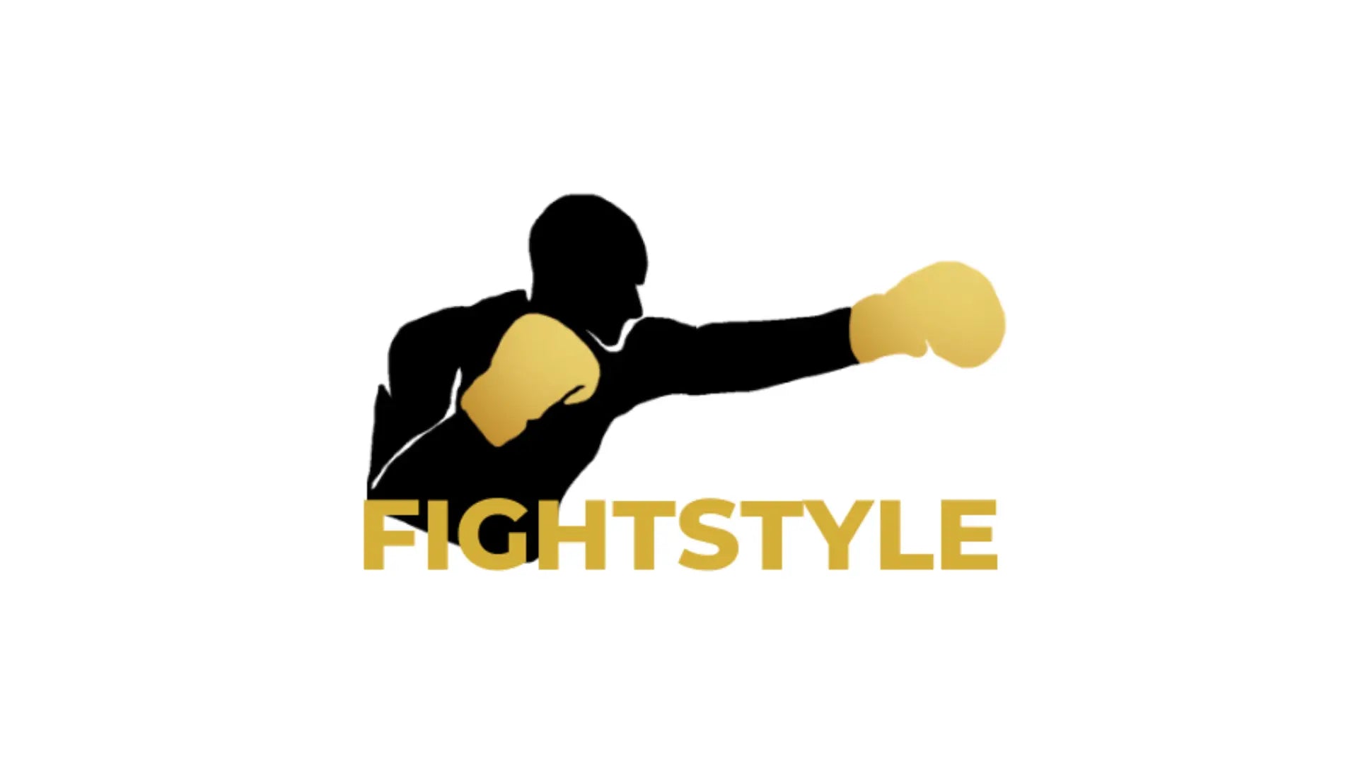 "Fightstyle" logo: Een actievolle silhouet van een bokser die een stoot uitdeelt met een gele bokshandschoen, tegen een zwarte en gele achtergrond met het woord 'FIGHTSTYLE' prominent weergegeven, wat een dynamisch en strijdlustig sportmerk illustreert.