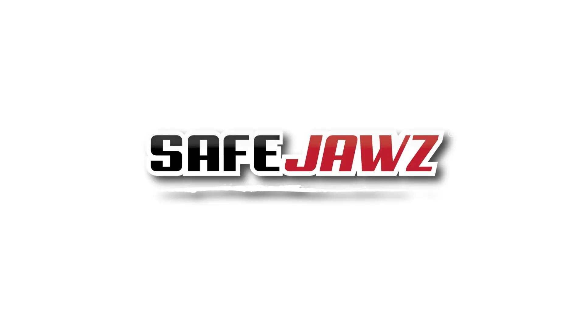 "Safe Jawz" logo: Vetgedrukte rode en zwarte tekst met een strak, modern lettertype, wat wijst op een merk dat gericht is op beschermende sportuitrusting, mogelijk voor tandbescherming.
