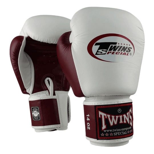 Paar Twins Special bokshandschoenen BGVL 3, wit met bordeaux, zijaanzicht.