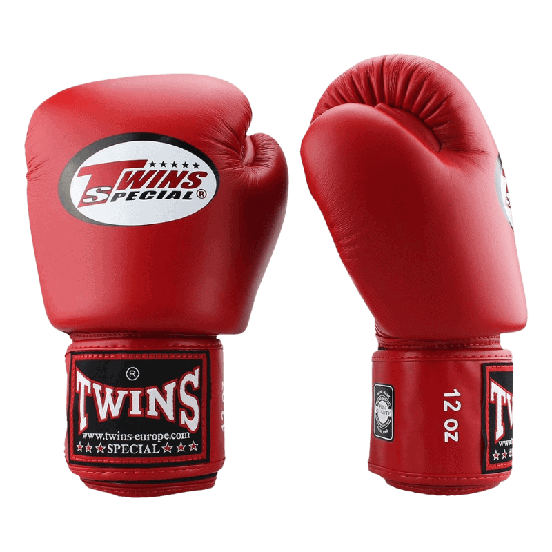Paar rode Twins bokshandschoenen met wit en zwart logo, zijaanzicht en de maat 12 oz duidelijk zichtbaar.