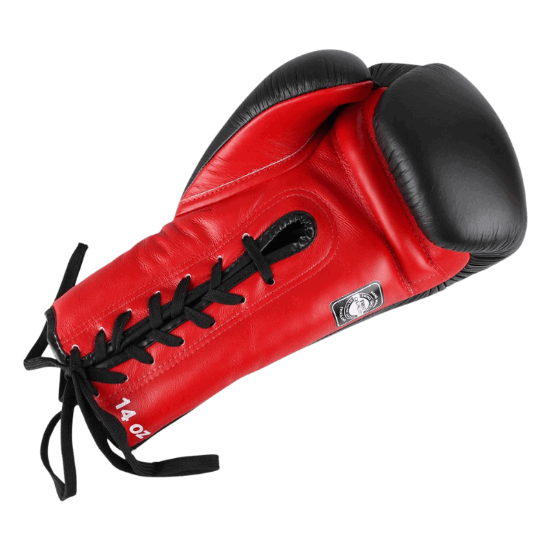 Bovenaanzicht van de rode palm van Twins bokshandschoenen BGLL 1 met zwarte veters en gewichtsaanduiding '14 oz' op de polsband.