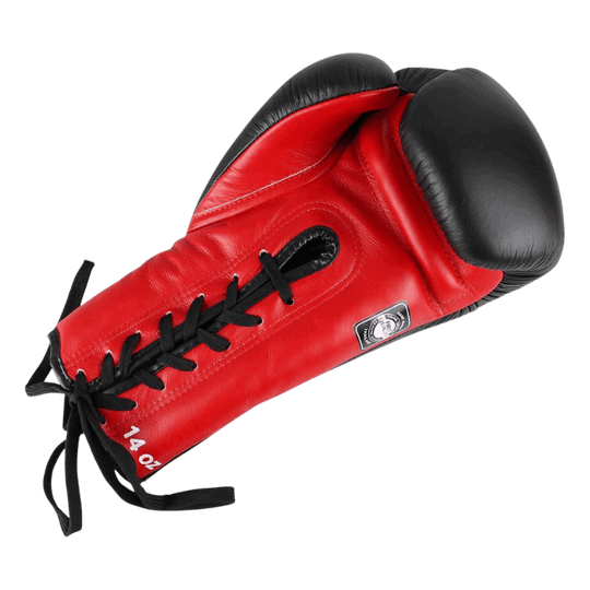 Bovenaanzicht van de rode palm van Twins bokshandschoenen BGLL 1 met zwarte veters en gewichtsaanduiding '14 oz' op de polsband.