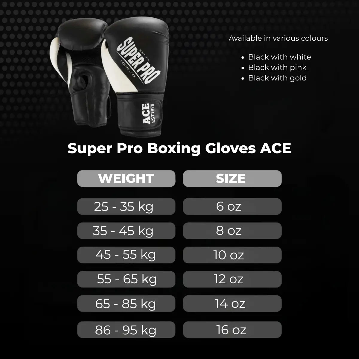 Super Pro Boxing Gloves ACE met gewicht- en maattabel, verkrijgbaar in drie kleurcombinaties.