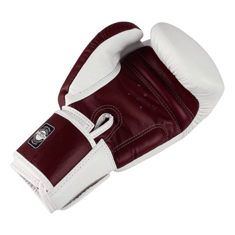 Binnenkant van een Twins Special bokshandschoen BGVL 3, wit met bordeaux voering.