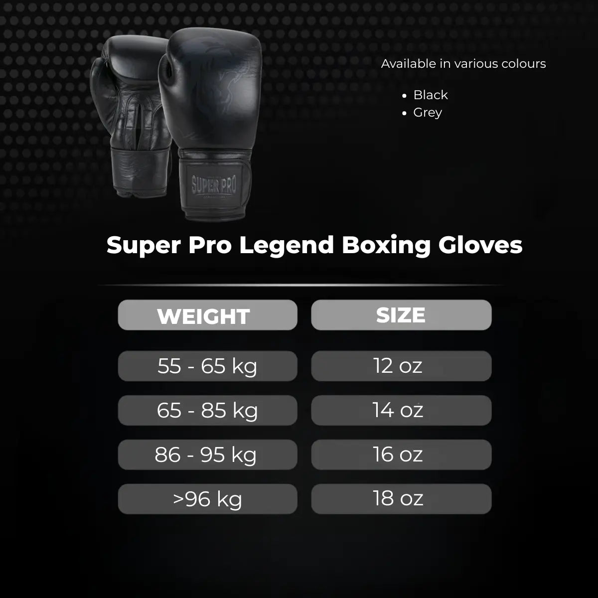 Super Pro Legend bokshandschoenen met gewicht- en maattabel, beschikbaar in zwart en grijs.