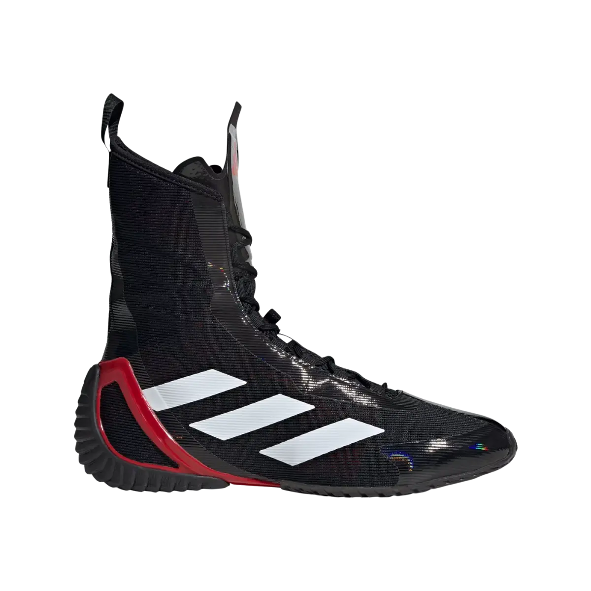 Zwarte Adidas boksschoen met rode accenten en stevige enkelondersteuning