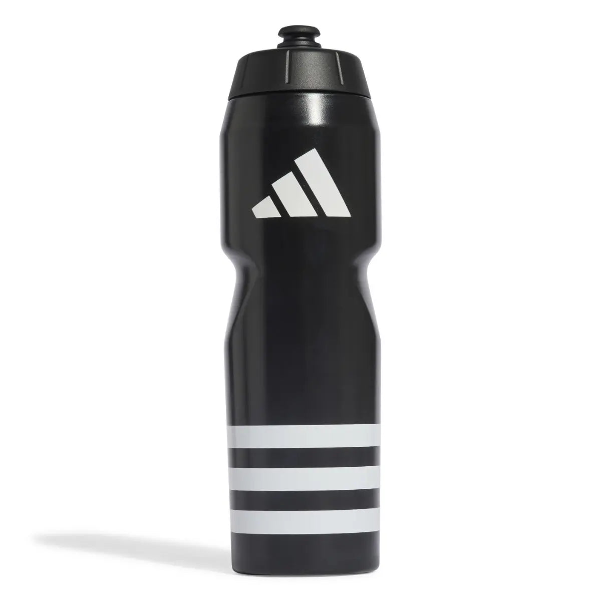 Zwarte Adidas drinkfles met witte strepen en Adidas-logo, rechte vooraanzicht weergave.